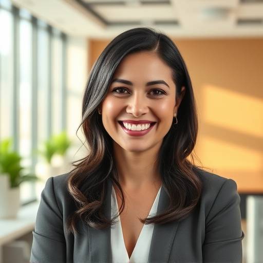 Foto de Ana Carolina Santos, fundadora e CEO da Vozes Autênticas Brasil, sorrindo em um ambiente de escritório moderno.