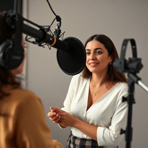 Foto de Fernanda Oliveira, locutora profissional da Vozes Autênticas Brasil, gravando em um estüdio com um microfone profissional.