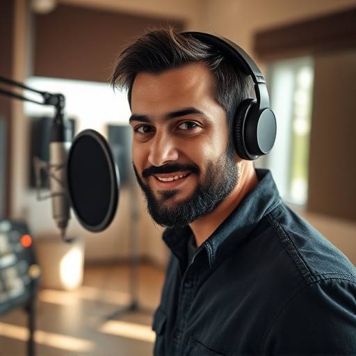 Foto de Ricardo Almeida, gerente de projetos da Vozes Autênticas Brasil, vestindo fones de ouvido em um estüdio de gravaäão.