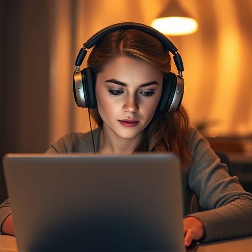 Mulher usando fones de ouvido em frente a um laptop, representando a locuäão para e-learning.